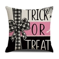Funda de cojín Halloween Trick or Treat con rayas rosas y lazo de cuadros negros - Eslogan Trick or Treat (YMW19-2) / 45*45cm (Funda de almohada individual)