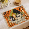 Detailansicht Halloween-Tischset aus Leinen mit Krähen, Totenköpfen und Grusel-Motiven - Schwarze Krähe Totenkopf Stil (YMCD-1)