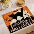 Detail eines Halloween-Platzsets aus Leinen mit schwarzer Katze, Fledermäusen und Gruß - Happy Halloween Schwarze Katze Stil (YMCD-33)