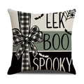 Halloween Kissenbezug mit Gingham-Schleife und Spooky-Text auf Leinenstoff - Gruseliger Bogen Stil (YMW18-3)