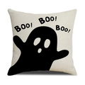 Housse de coussin Halloween avec texte Boo et motif fantôme noir sur lin - 45x45cm (Housse Seule) / Style Fantôme Boo (YMW22-1)