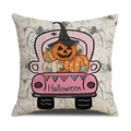 Halloween kussensloop met roze vrachtwagen, pompoenen en heksenhoed op linnen textuur - Pompoen Truck Stijl (YMW20-4)