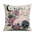 Skull and pink cat art print pillowcase made of beige linen for Halloween decor - 45x45cm / Pink Cat Skull Style (YMW27-3)