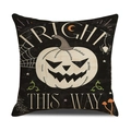 Halloween-Kissenbezug aus schwarzem Leinen mit Kürbis-Design und Fright This Way Aufdruck - Kürbislaterne Stil (YMW36-4)