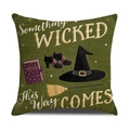 Vintage green linen Halloween pillow cover with wicked spells and witch hat design - 45x45cm / Halloween Green Witch Spells Style (YMW45-2)