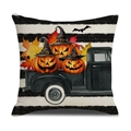 Halloween Kissenbezug aus Leinen mit Vintage-Truck und Kürbissen auf Streifenmuster - Retro Kürbis LKW Gestreift Stil (YMW43-4)