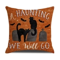 Vintage Halloween linen pillow case with black cats, bats and RIP tombstone in orange - 45x45cm / Halloween Orange Cat Gravestone Style (YMW45-1)