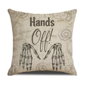 Linen Halloween pillow case with skull hand graphic and Hands Off text on beige base - Skeleton Hand Style (YMW46-1)