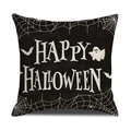 Halloween Kissenbezug aus Leinen mit schwarzem Happy Halloween Aufdruck und Geistern - Happy Halloween Spinnennetz Stil (YMW43-2)