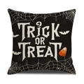 Halloween Kissenbezug aus schwarzem Leinen mit weißem Trick or Treat Aufdruck und Spinnennetzen - Trick Or Treat Schwarz Stil (YMW43-3)