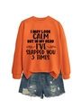 Detail of orange sweatshirt featuring humorous slogan print and raw cut hem design - Orange (Black Print)