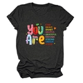 Close-up of the teacher-themed inspirational colorful text print on a dark grey t-shirt - Heather Charcoal (Colorful Print)