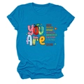 Detail of bright blue cotton t-shirt featuring colorful KIND BRAVE SMART typography print - Lake Blue (Colorful Print)
