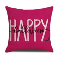 Quadratischer rosa Halloween-Kissenbezug mit weißem Happy Halloween-Text und Fledermaus - Fuchsie HAPPY (YMW10-2)