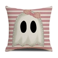 Federa per cuscino Halloween a righe rosa e bianche con simpatico fantasma in lino - Strisce Rosa Fantasma Con Fiocco (YMW1-5) / 45x45cm