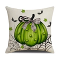 Square Halloween throw pillow with green pumpkin, skull shadows and bat pattern print - Green Pumpkin Bow (YMW10-8)