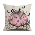 Halloween throw pillow cover with pink pumpkin, skull print and black bow on white background - Pink Pumpkin Bow (YMW10-12)
