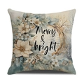 Housse de coussin de Noël carrée avec fleurs bohèmes et texte Merry & bright - Couronne Merry & Bright (YMX24-1)