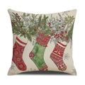 Quadratischer Kissenbezug mit drei Weihnachtsstrümpfen auf cremefarbenem Leinenstoff - Weihnachtsstrumpf Stil (YMX29-3)