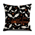 Halloween Kissenbezug mit Happy Halloween Text, Fledermäusen und Kürbis auf Leinen - Schwarze Fledermaus Happy Halloween Stil (YMW40-7)
