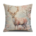 Housse de coussin en lin avec motif renne à l'aquarelle et fleurs roses délicates - Renne d'Art Aquarelle (YMX24-4)