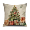 Weihnachtskissenbezug mit Aquarell-Tannenbaum und Geschenken auf strukturiertem Leinen - Weihnachtsbaum-Muster (YMX45-4)