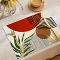 Nordic rectangular placemat with abstract leaf print on linen for modern dining decor - Red Geometric Style (CDC1-1)