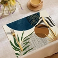 Nordic linen placemat with abstract geometric leaf print design - Blue Abstract Style (CDC1-4)