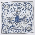 White and blue paisley bandana featuring vintage western cowboy and motorcycle graphics - Vintage Western Cowgirl White (FJ-11) / 49x49cm