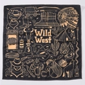 Polyester paisley bandana in black and gold featuring Wild West cowboy and horse prints - Black Gold Wild West (FJ-13) / 49x49cm