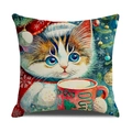 Kerst kussenhoes van linnen met schattige kattenprint en feestelijke waterverf kunst - 45x45cm / Kat Met Kerstmuts En Rode Beker Stijl (YMC19-3)