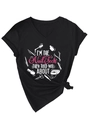 Detail of V-neck cotton T-shirt featuring 'Nail Tech' text and manicurist tool graphics - S / Black (White Graphic)