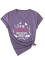 Detail of purple heather V-neck tee with I'M THE Nail Tech print and knotted hem design - S / Purple (White Graphic)