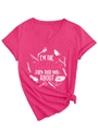 Detail of hot pink V-neck T-shirt showing Nail Tech graphic print and front knot design - S / Rose Red (White Graphic)
