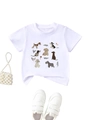 Detail view of kids white T-shirt featuring cute cartoon dog patterns and plant prints - 90cm / White