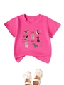 Pink cotton kids T-shirt with dog prints and white Mary Jane shoes with lace details - 90cm / Rose Red