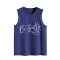 Detail of Be Salty Stay Lit slogan print on a navy blue sleeveless cotton vest - Retro Blue (White Font)