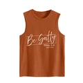 Detail of Be Salty Stay Lit text print on caramel cotton sleeveless tank top - Burnt Orange (White Font)