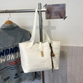 White leather tote bag with gold lock and decorative bell pendant for women - With Pendant / White