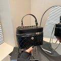 Fashionable black quilted box bucket bag with golden flower hardware and chain strap - Black