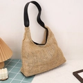 Straw hobo tote bag in natural brown with wide black leather strap for beach vacations - Black