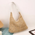 Retro beige woven tote bag with white faux leather handles and relaxed summer vacation style - White
