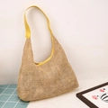 Large woven straw shoulder bag with yellow leather trim for summer beach travel - Yellow