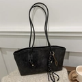 Dark grey large capacity tote bag with fashion embossing and decorative rope charm - With Pendant / Black