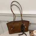 Retro dark brown large capacity faux leather tote bag with fashion lettering and charm - With Pendant / Brown
