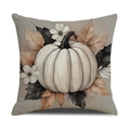 Linen pumpkin pillow cover with vintage white pumpkin and autumn leaf print - Pumpkin Harvest Style (YMF37-4) / 45x45cm