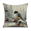 Linen Christmas pillowcase featuring bird and red berry winter forest print design - Chickadee and Berry Snow Scene (YMX48-1)