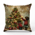 Federa per cuscino natalizia vintage in lino con illustrazione di bambini e regali - Stile Bambini che Decorano l'Albero (YMX42-1)