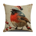 Christmas robin bird print linen throw pillow cover with festive winter berry pattern - Robin with Christmas Hat (YMX48-3)