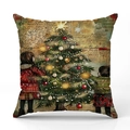 Federa natalizia in lino retrò con albero vintage e illustrazione festiva di bambini - Due Bambini Vicino all'Albero (YMX42-3)